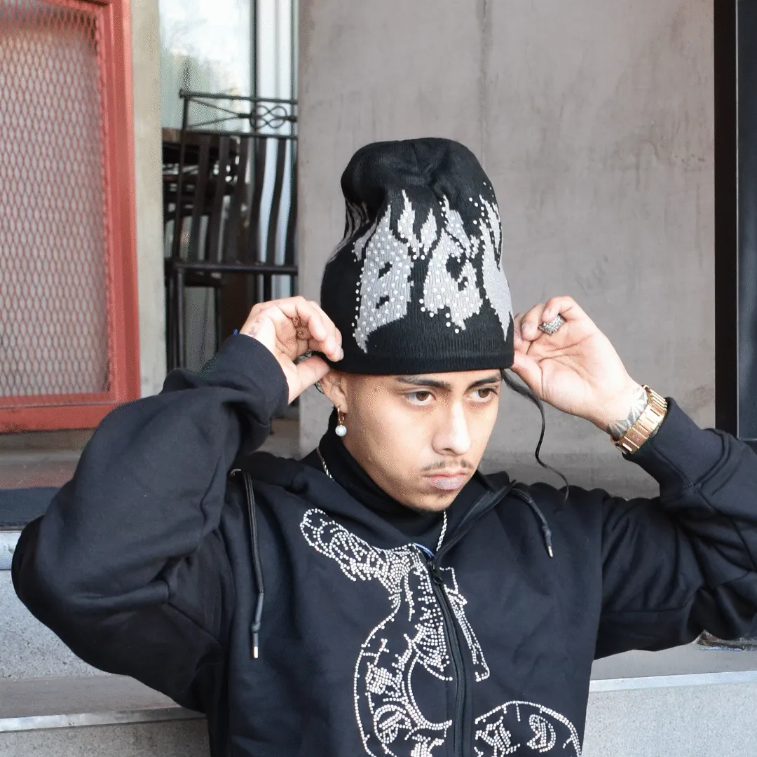 X Fein Rhinestone Beanie Hat - Black - Unisex