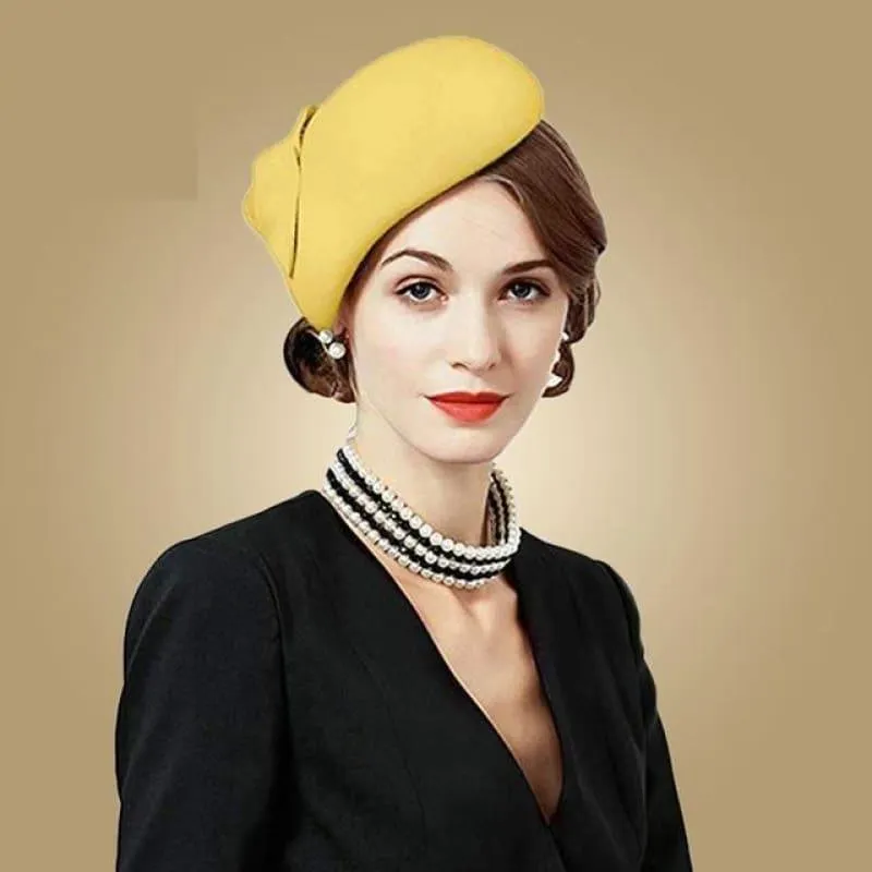 Yellow Wool Felt Vintage Cocktail Fashion Pillbox Hat