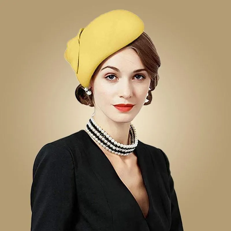 Yellow Wool Felt Vintage Cocktail Fashion Pillbox Hat